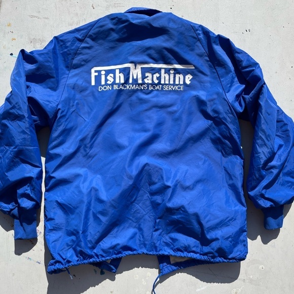 Men's Vintage Fish Machine Windbreaker Blue Logo M Nylon Button Lined USA 80s - Picture 11 of 15